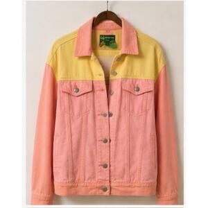 Farm Rio Colorblock Denim Jacket Pink Yellow Oversized Trucker Jacket Size M